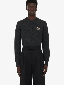 Outlet Alexander McQueen Men's Crystal Seal Logo Jumper in Charcoal/Crystal