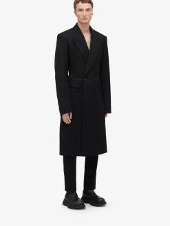 Online Alexander McQueen Men's Double-breasted Tailored Coat in Black