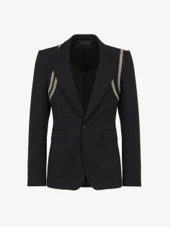 Cheap Alexander McQueen Men's Embroidered Harness Single-breasted Jacket in Black