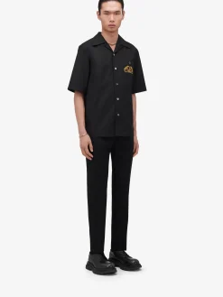 Hot Alexander McQueen Men's Embroidered Hawaiian Shirt in Black
