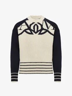 New Alexander McQueen Men's Exploded Seal Logo Jumper in Cream/Navy