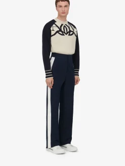 New Alexander McQueen Men's Exploded Seal Logo Jumper in Cream/Navy