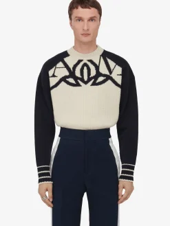 New Alexander McQueen Men's Exploded Seal Logo Jumper in Cream/Navy