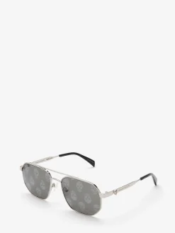 Online Alexander McQueen Men's Floating Skull Metal Caravan Sunglasses in Silver