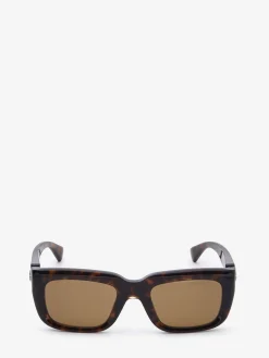 Store Alexander McQueen Men's Floating Skull Rectangular Sunglasses in Dark Havana