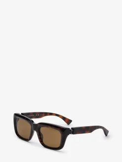 Store Alexander McQueen Men's Floating Skull Rectangular Sunglasses in Dark Havana