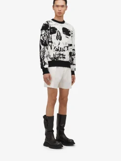 Discount Alexander McQueen Men's Fold Skull Jacquard Jumper in Ivory/Black