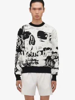 Discount Alexander McQueen Men's Fold Skull Jacquard Jumper in Ivory/Black