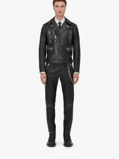 Online Alexander McQueen Men's Leather Biker Jacket in Black/Ivory