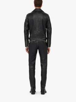 Online Alexander McQueen Men's Leather Biker Jacket in Black/Ivory