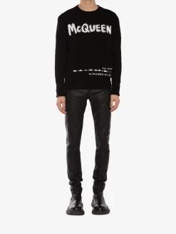New Alexander McQueen Men's McQueen Graffiti Crew Neck Sweater in Black