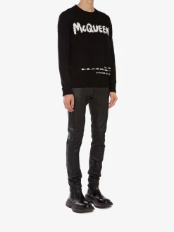 New Alexander McQueen Men's McQueen Graffiti Crew Neck Sweater in Black