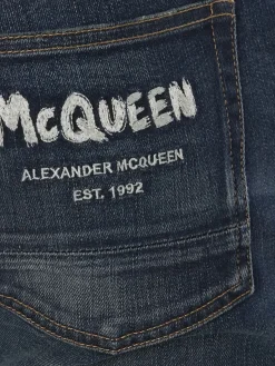 Store Alexander McQueen Men's McQueen Graffiti Denim Jeans in Washed Blue