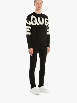 Fashion Alexander McQueen Men's McQueen Graffiti Denim Jeans in Black
