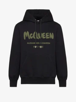 Best Alexander McQueen Men's McQueen Graffiti Hooded Sweatshirt in Black/Khaki