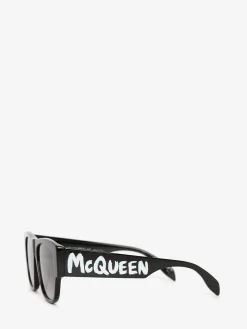 Clearance Alexander McQueen Men's McQueen Graffiti Rectangular Sunglasses in Black/White
