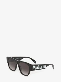 Clearance Alexander McQueen Men's McQueen Graffiti Rectangular Sunglasses in Black/White