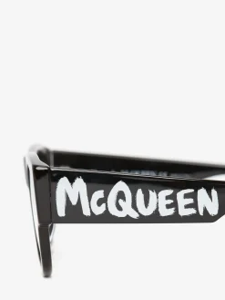 Clearance Alexander McQueen Men's McQueen Graffiti Rectangular Sunglasses in Black/White