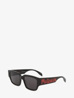 Shop Alexander McQueen Men's McQueen Graffiti Rectangular Sunglasses in Black/Red