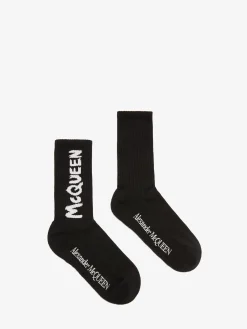 Cheap Alexander McQueen Men's McQueen Graffiti Socks in Black/Ivory