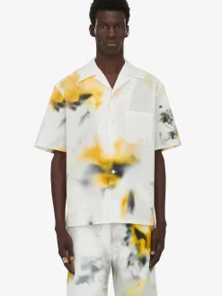 Shop Alexander McQueen Men's Obscured Flower Bowling Shirt in White/Yellow