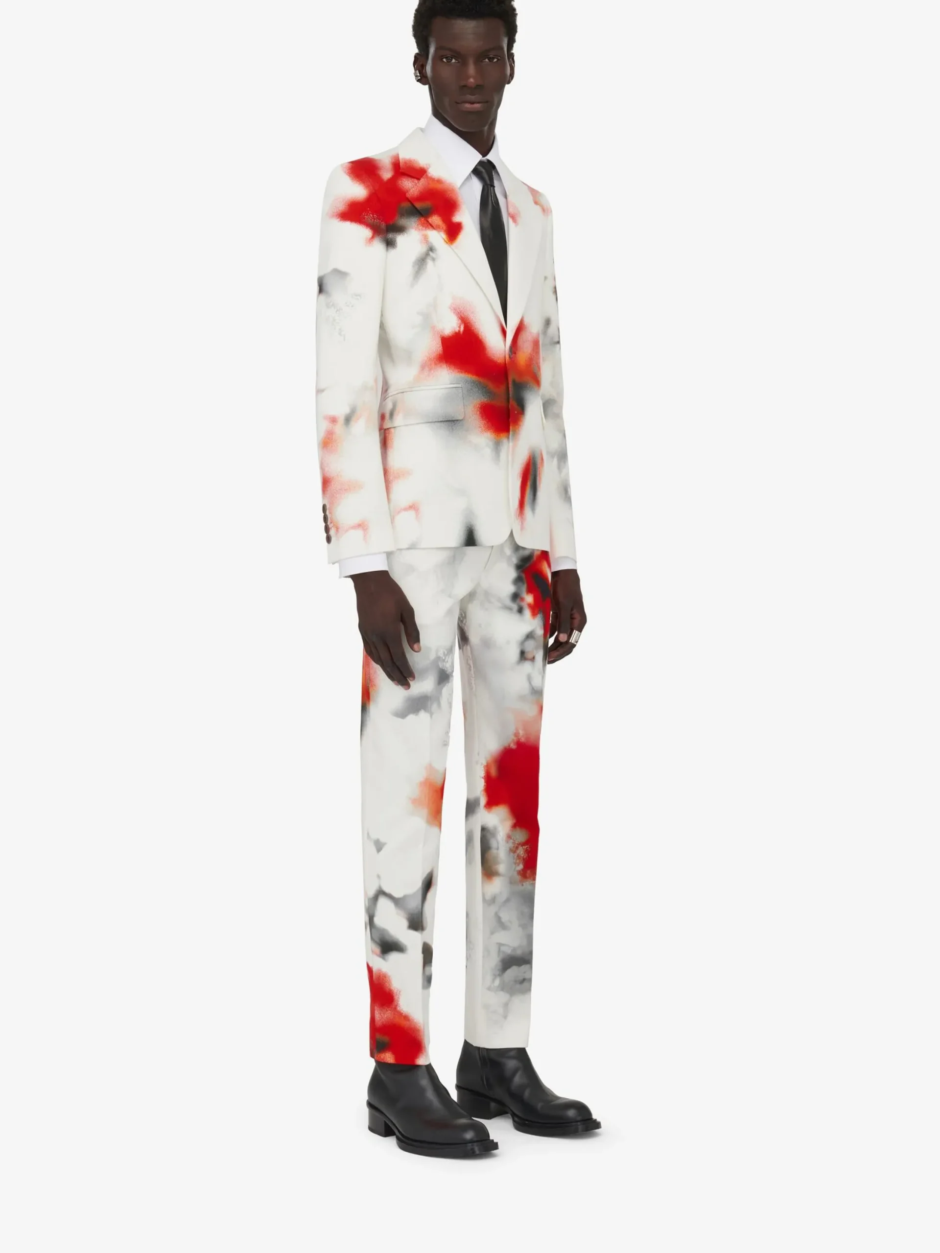 Discount Alexander McQueen Men's Obscured Flower Single-breasted Jacket in White/Red