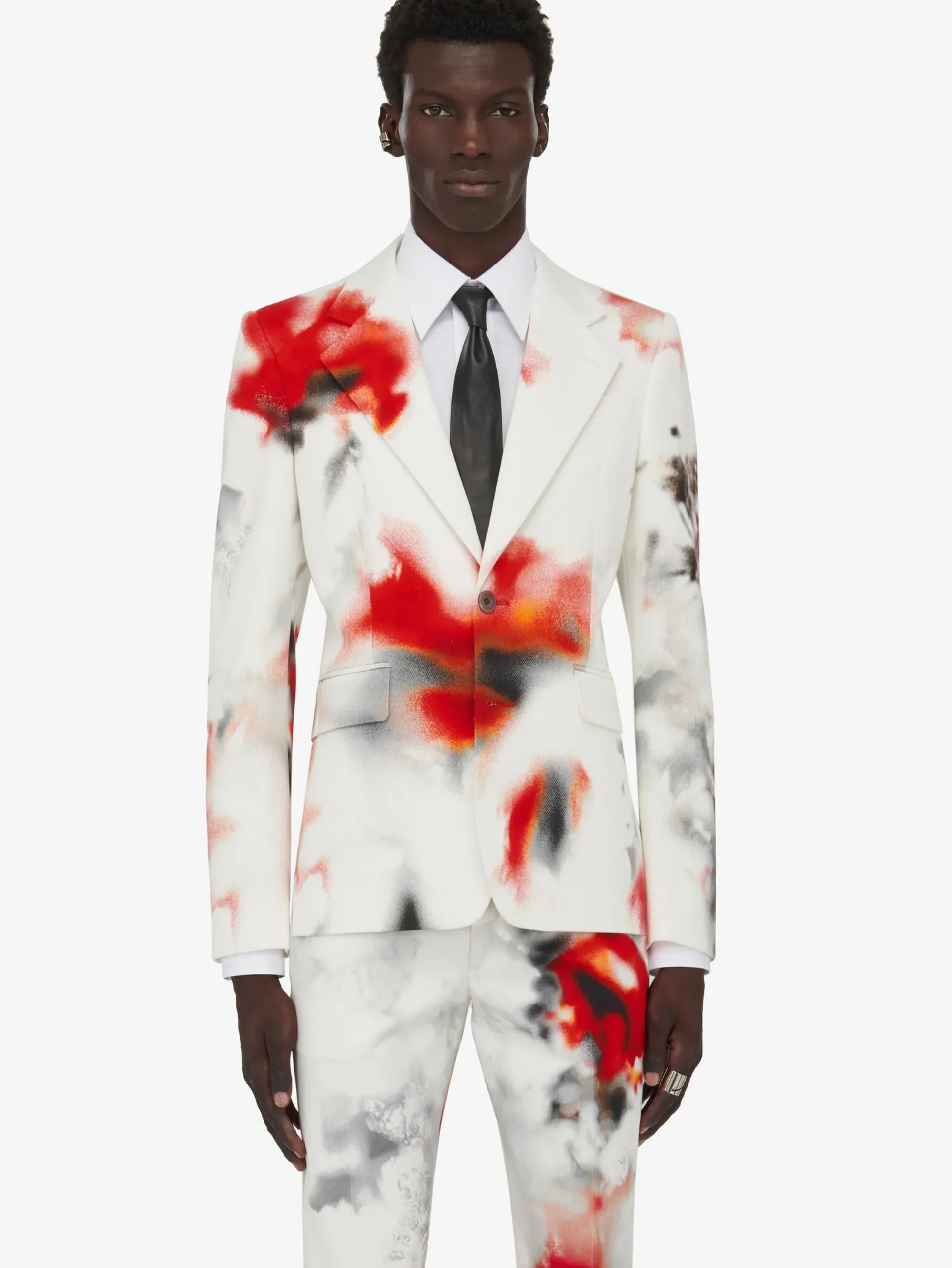Discount Alexander McQueen Men's Obscured Flower Single-breasted Jacket in White/Red