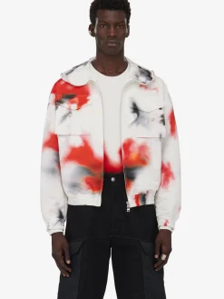 Shop Alexander McQueen Men's Obscured Flower Windbreaker in White/Red