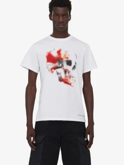 Shop Alexander McQueen Men's Obscured Skull T-shirt in White/Red/Black