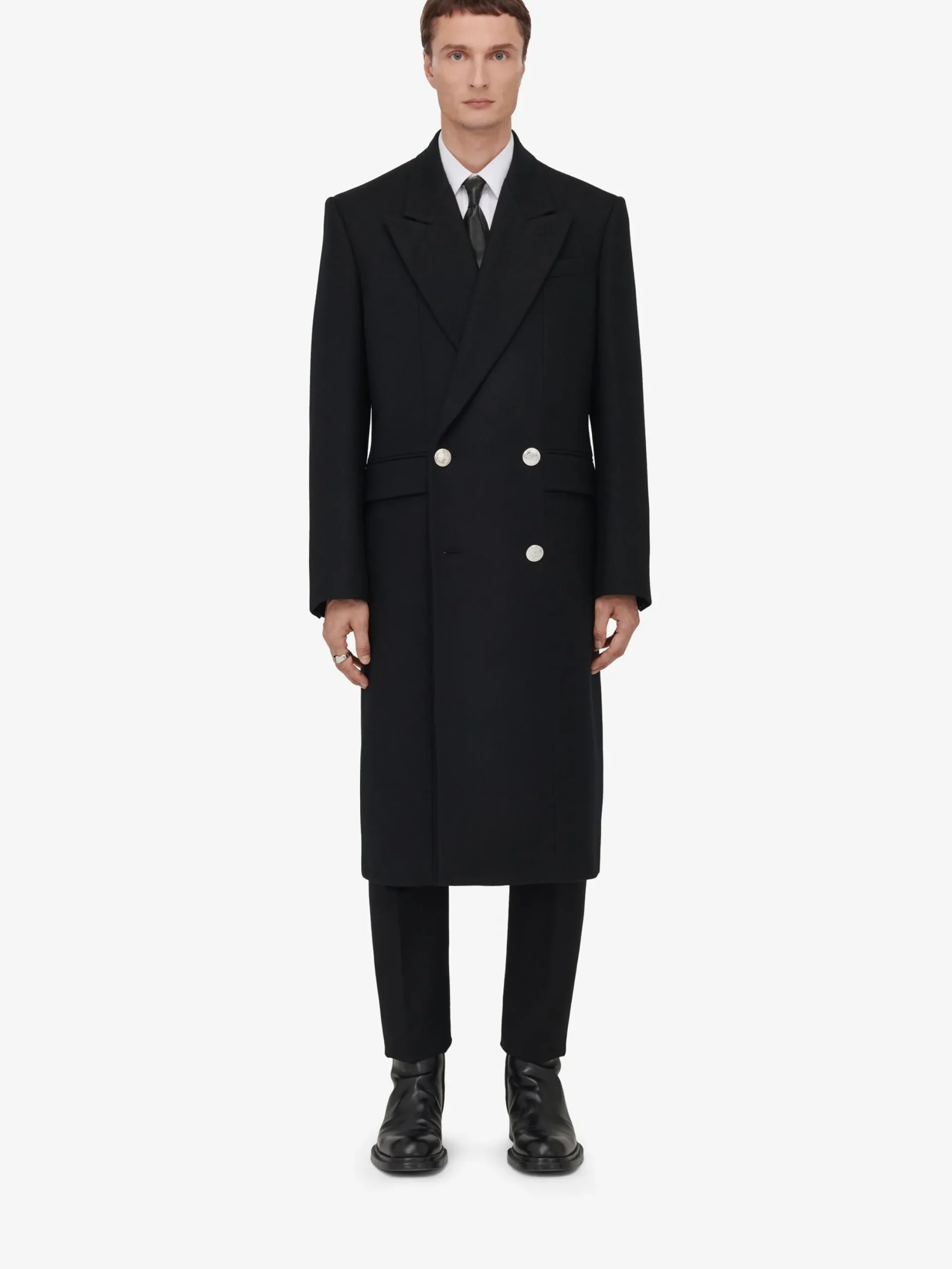 Best Sale Alexander McQueen Men's Peak Lapel Double-breasted Coat in Black
