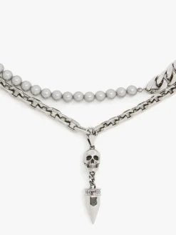 Outlet Alexander McQueen Men's Pearl And Skull Stud Necklace in Antique Silver