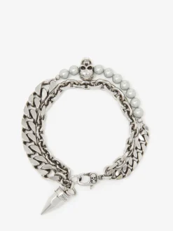 Hot Alexander McQueen Men's Pearl And Skull Stud Bracelet in Antique Silver