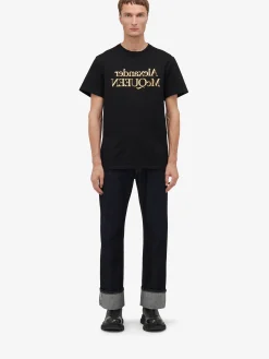 Best Alexander McQueen Men's Reflected Logo T-shirt in Black/ Gold