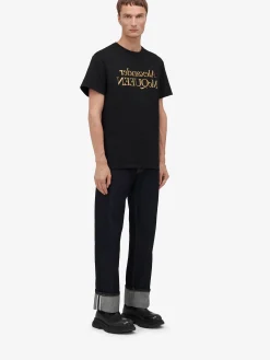 Best Alexander McQueen Men's Reflected Logo T-shirt in Black/ Gold