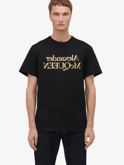 Best Alexander McQueen Men's Reflected Logo T-shirt in Black/ Gold