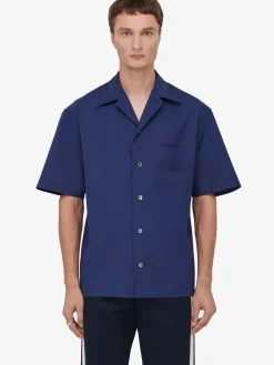 Best Alexander McQueen Men's Seal Logo Bowling Shirt in Indigo