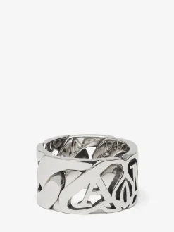 Outlet Alexander McQueen Men's Seal Logo Chain Ring in Antique Silver