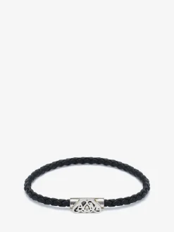 Fashion Alexander McQueen Men's Seal Logo Leather Bracelet in Black/Antique Silver