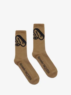 Cheap Alexander McQueen Men's Seal Logo Socks in Beige/Black