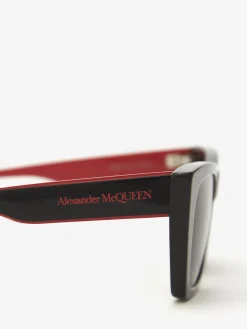 Outlet Alexander McQueen Men's Selvedge Cat-eye Sunglasses in Black/Red