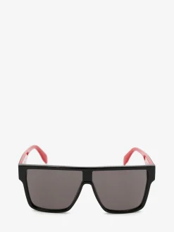 Best Alexander McQueen Men's Selvedge Oversized Mask Sunglasses in Black Red