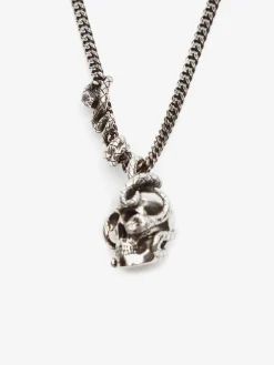 Hot Alexander McQueen Men's Skull And Snake Necklace in Antique Silver