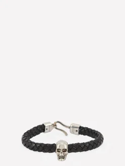 New Alexander McQueen Men's Skull Leather Bracelet in Black