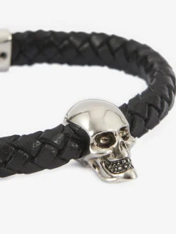 New Alexander McQueen Men's Skull Leather Bracelet in Black