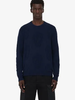 New Alexander McQueen Men's Textured Skull Jumper in Navy