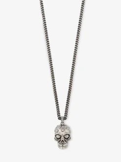 Store Alexander McQueen Men's The Knuckle Skull Necklace in Antique silver