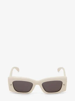 Hot Alexander McQueen Spike Studs Rectangular Sunglasses in Ivory/Smoke