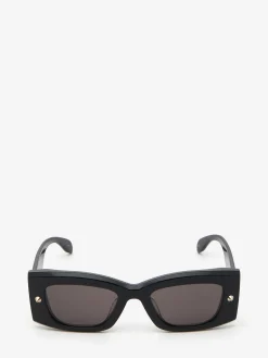 Shop Alexander McQueen Spike Studs Rectangular Sunglasses in Black/Smoke