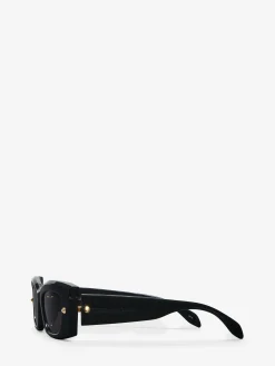 Shop Alexander McQueen Spike Studs Rectangular Sunglasses in Black/Smoke