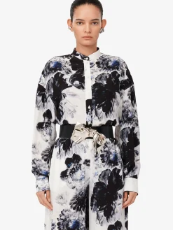 Hot Alexander McQueen Women's Chiaroscuro Cocoon Sleeve Shirt in White/Black/Electric Blue